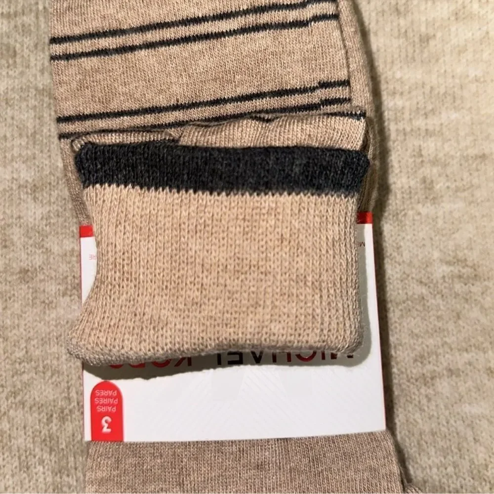 MK Men’s 3 pack Taupe Heather Gray Tan Ivory Cotton Blend Dress Crew Socks